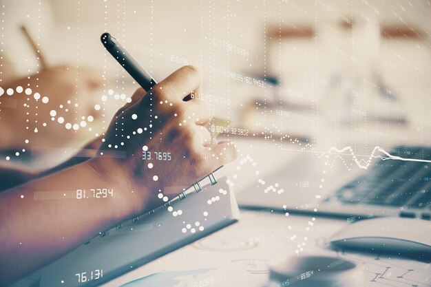 Doble exposición de datos tema dibujo de boceto sobre personas que escriben fondo Concepto de tecnología