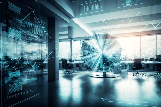 Doble exposición del diagrama financiero abstracto virtual sobre el fondo de la oficina de negocios amueblada moderna