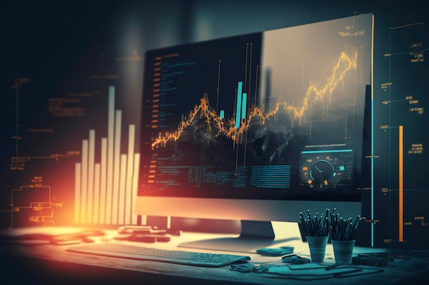 Doble exposición del diagrama financiero creativo abstracto en el concepto de banca y contabilidad de fondo de la computadora portátil moderna ai generativo