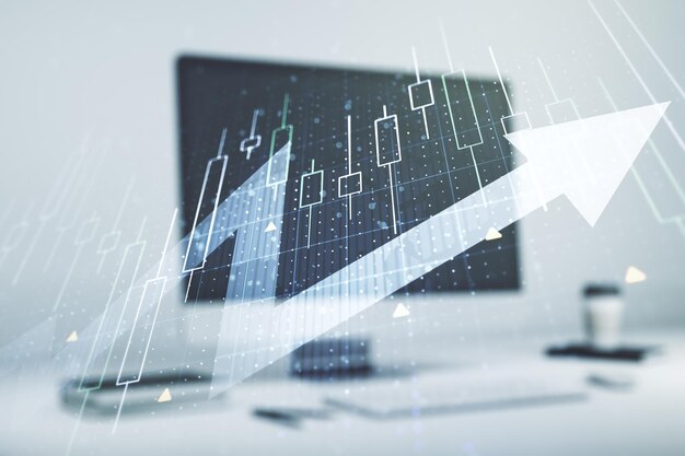 Doble exposición del diagrama financiero creativo abstracto con flecha hacia arriba en el concepto de crecimiento y desarrollo de fondo de computadora