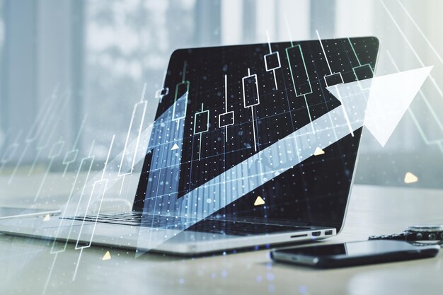 Doble exposición del diagrama financiero creativo abstracto con flecha hacia arriba en el concepto de crecimiento y desarrollo de fondo de computadora