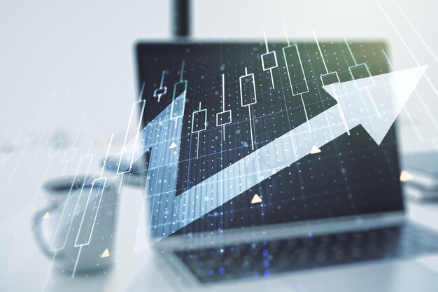 Doble exposición del diagrama financiero creativo abstracto con flecha hacia arriba en el concepto de crecimiento y desarrollo de fondo de computadora