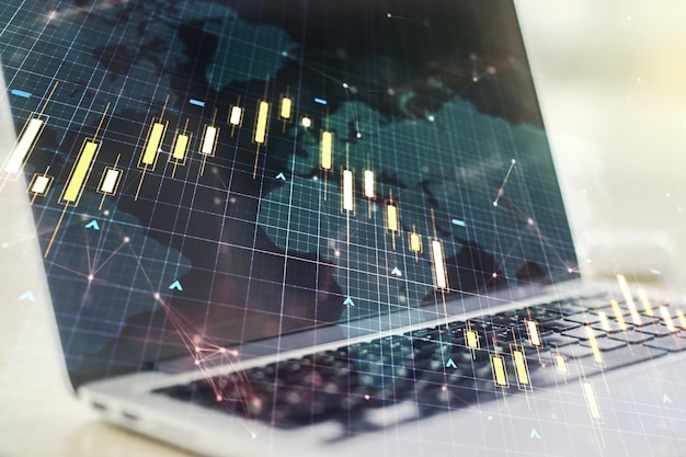 Doble exposición del diagrama financiero creativo abstracto con mapa mundial sobre el concepto de banca y contabilidad de fondo de computadora