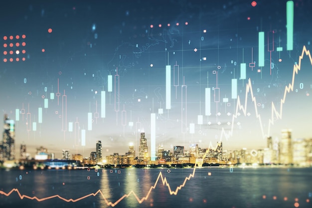 Doble exposición del diagrama financiero creativo virtual en el concepto de contabilidad y banca de fondo de los edificios de oficinas de Chicago