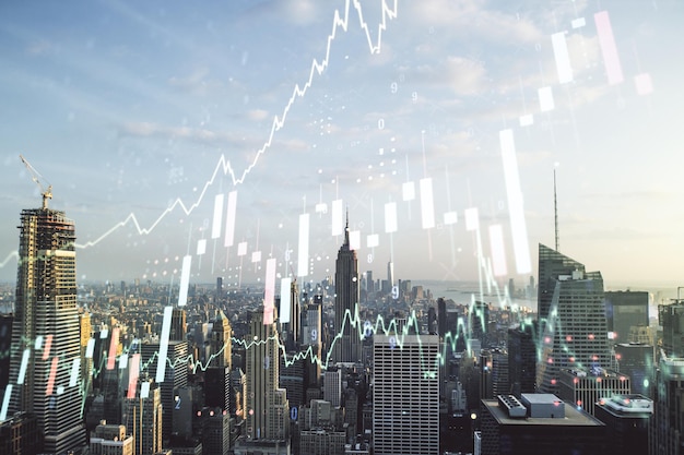 Doble exposición del diagrama financiero creativo virtual en el concepto de contabilidad y banca de fondo de los edificios de oficinas de Nueva York