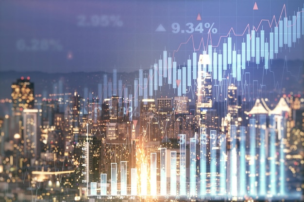 Doble exposición del diagrama financiero creativo virtual en el concepto de contabilidad y banca de fondo de los edificios de oficinas de San Francisco