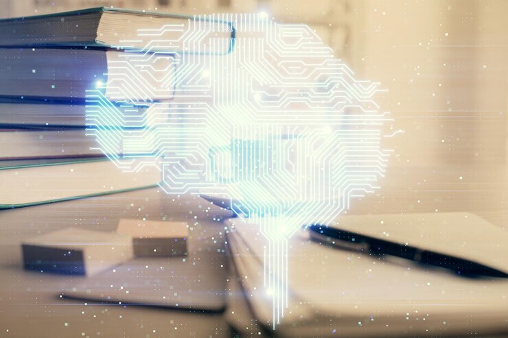 Foto doble exposición del dibujo del cerebro y el escritorio con café y artículos sobre el fondo de la mesa concepto de investigación