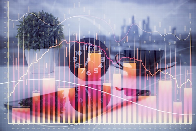 Doble exposición del dibujo gráfico de forex y el fondo del teléfono celular Concepto de análisis de datos financieros