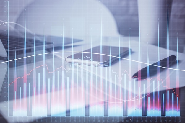 Doble exposición del dibujo gráfico de forex y el fondo del teléfono celular Concepto de análisis de datos financieros