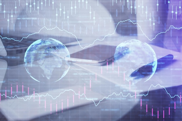 Doble exposición del dibujo gráfico de forex y el fondo del teléfono celular Concepto de análisis de datos financieros
