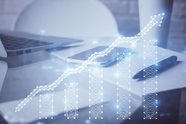 Doble exposición del dibujo gráfico de forex y el fondo del teléfono celular Concepto de análisis de datos financieros