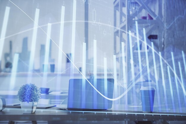 Doble exposición del dibujo del gráfico del mercado de valores y el fondo interior de la oficina Concepto de análisis financiero