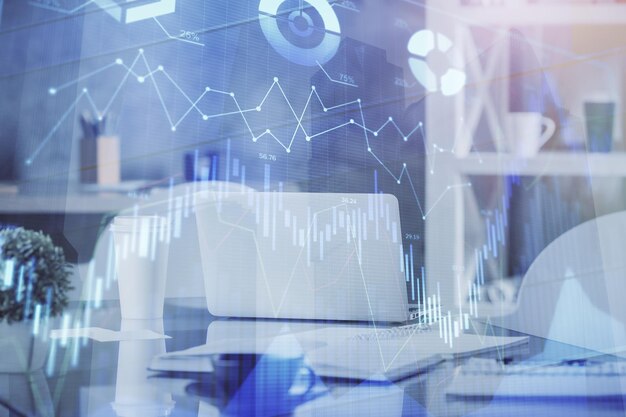 Doble exposición del dibujo gráfico del mercado de valores y el fondo interior de la oficina Concepto de análisis financiero