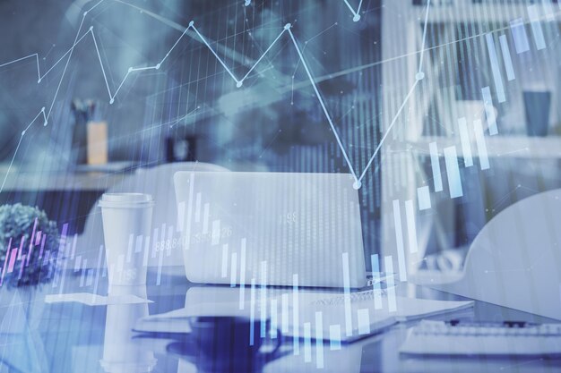 Doble exposición del dibujo gráfico del mercado de valores y el fondo interior de la oficina Concepto de análisis financiero