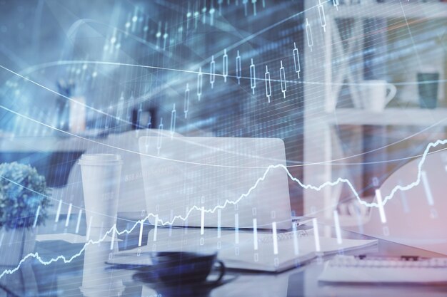 Doble exposición del dibujo del gráfico del mercado de valores y el fondo interior de la oficina Concepto de análisis financiero