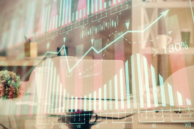 Doble exposición del dibujo gráfico del mercado de valores y el fondo interior de la oficina Concepto de análisis financiero