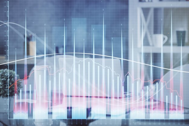 Doble exposición del dibujo gráfico del mercado de valores y el fondo interior de la oficina Concepto de análisis financiero