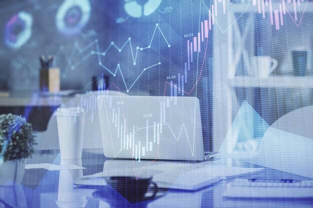 Doble exposición del dibujo gráfico del mercado de valores y el fondo interior de la oficina Concepto de análisis financiero