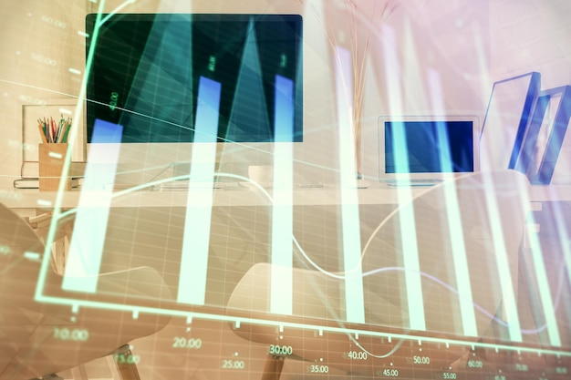 Doble exposición del dibujo gráfico del mercado de valores y el fondo interior de la oficina Concepto de análisis financiero