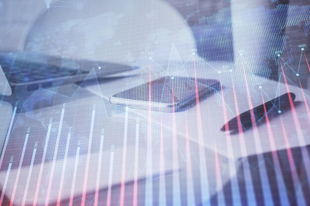 Doble exposición del dibujo de gráficos de divisas y el fondo del teléfono móvil Concepto de análisis de datos financieros