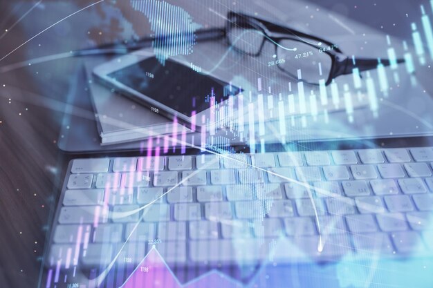 Doble exposición del dibujo de gráficos de divisas y el fondo del teléfono móvil Concepto de negociación financiera