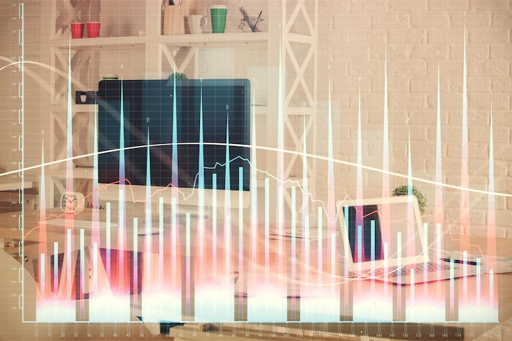 Foto doble exposición del dibujo de gráficos financieros y el fondo interior de la oficina concepto de mercado de valores