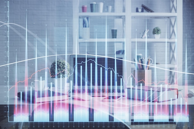 Doble exposición del dibujo de gráficos financieros y el fondo interior de la oficina Concepto de mercado de valores