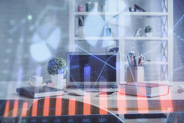 Doble exposición del dibujo de gráficos financieros y el fondo interior de la oficina Concepto de mercado de valores