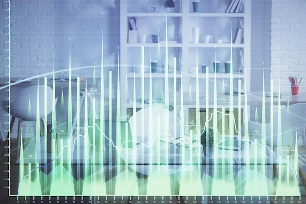 Doble exposición del dibujo de gráficos financieros y el fondo interior de la oficina Concepto de mercado de valores