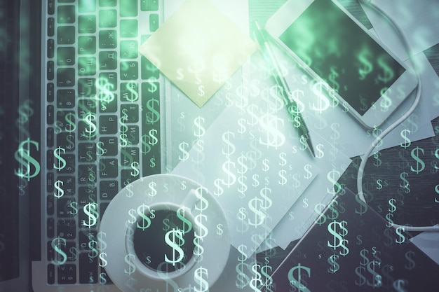 Doble exposición del dibujo de gráficos financieros sobre el fondo de la tabla con el ordenador Concepto de investigación y análisis Vista superior