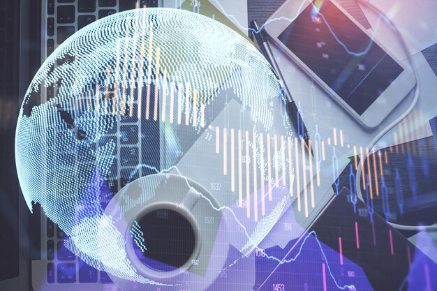 Doble exposición del dibujo de gráficos financieros sobre el fondo de la tabla con el ordenador Concepto de investigación y análisis Vista superior