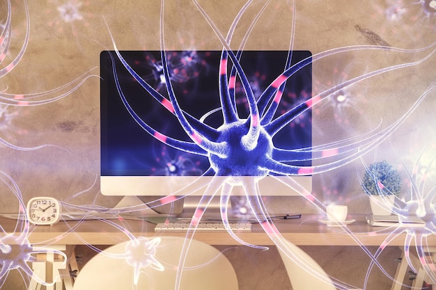 Doble exposición del dibujo de neuronas y el fondo interior de la oficina Concepto de educación