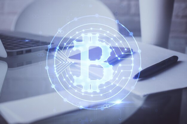 Doble exposición del dibujo del tema blockchain y el fondo del teléfono celular Concepto de cryptomarket