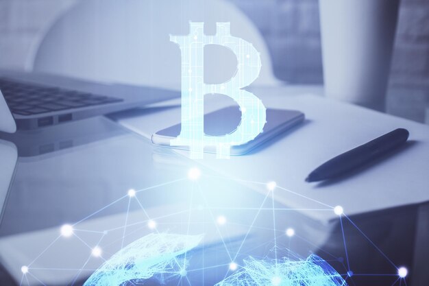 Doble exposición del dibujo del tema blockchain y el fondo del teléfono celular Concepto de cryptomarket