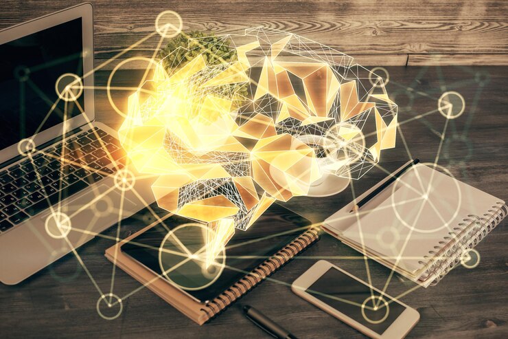 Foto doble exposición del dibujo del tema del cerebro y el concepto de fondo del teléfono celular de información