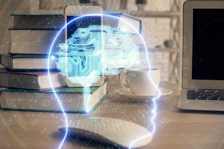 Foto doble exposición del dibujo del tema del cerebro y el concepto de fondo del teléfono celular de información