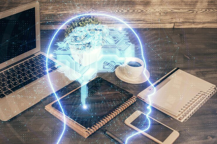 Foto doble exposición del dibujo del tema del cerebro y el concepto de fondo del teléfono celular de información
