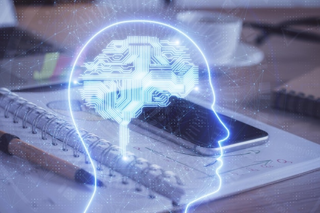 Doble exposición del dibujo del tema del cerebro y el concepto de fondo del teléfono celular de información