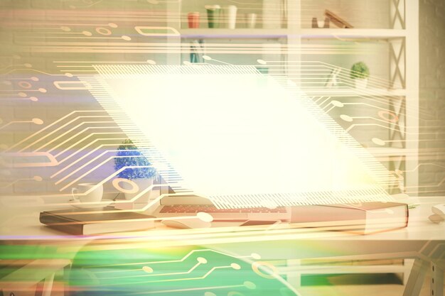 Doble exposición del dibujo del tema de datos y el fondo interior de la oficina Concepto de tecnología