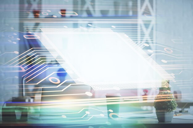 Doble exposición del dibujo del tema de datos y el fondo interior de la oficina Concepto de tecnología