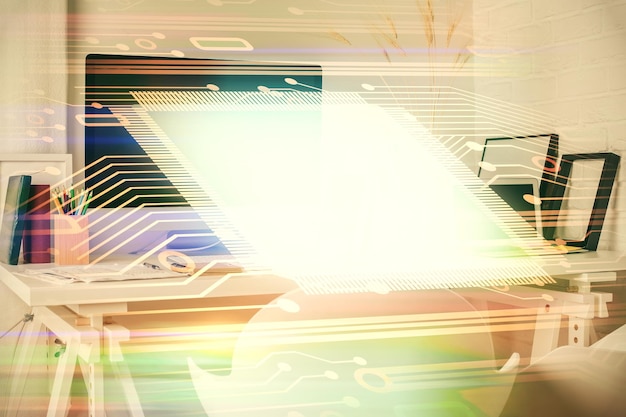 Doble exposición del dibujo del tema de datos y el fondo interior de la oficina Concepto de tecnología