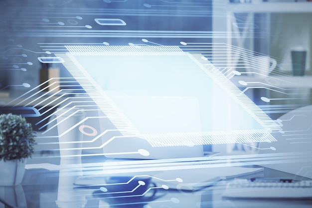 Doble exposición del dibujo del tema de los datos y el fondo interior de la oficina Concepto de tecnología