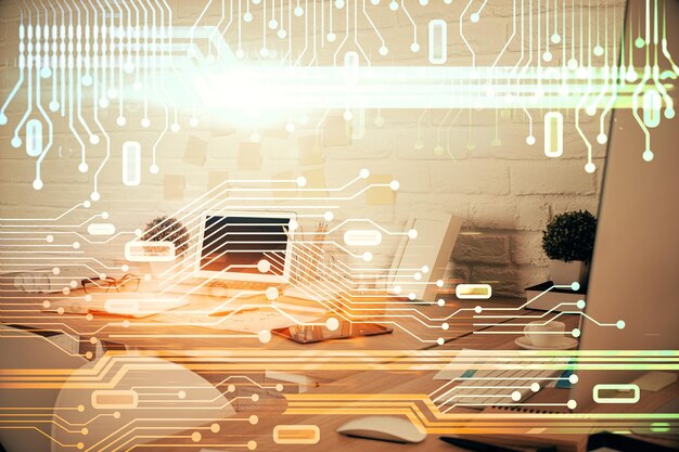 Doble exposición del dibujo del tema de datos y el fondo interior de la oficina Concepto de tecnología
