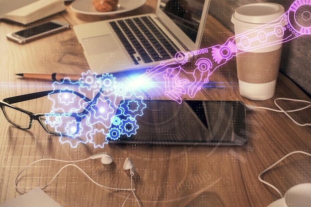 Doble exposición del dibujo del tema de datos y el fondo del teléfono móvil Concepto de innovación