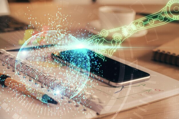 Doble exposición del dibujo del tema de datos y el fondo del teléfono móvil Concepto de innovación