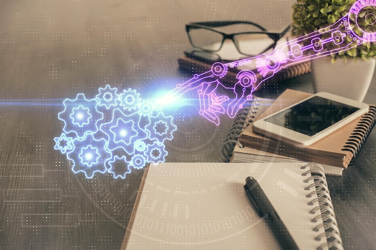 Foto doble exposición del dibujo del tema de datos y el fondo del teléfono móvil concepto de innovación