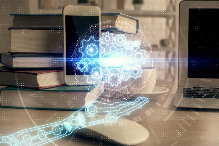Foto doble exposición del dibujo del tema de datos y el fondo del teléfono móvil concepto de innovación