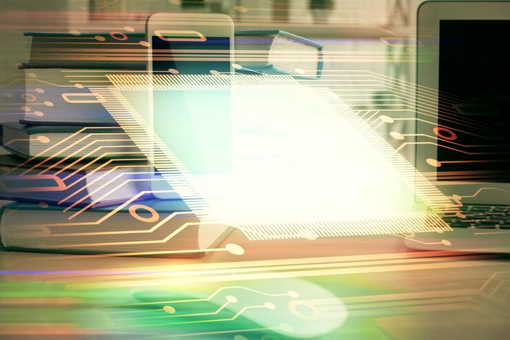 Foto doble exposición del dibujo del tema de datos y el fondo del teléfono móvil concepto de innovación