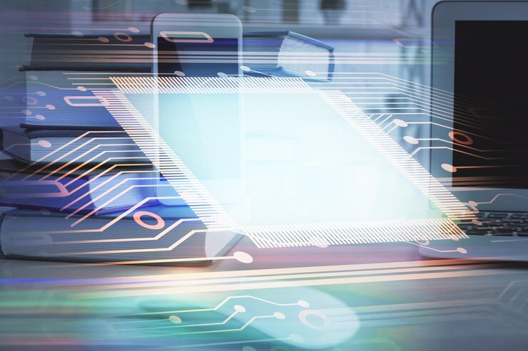 Foto doble exposición del dibujo del tema de datos y el fondo del teléfono móvil concepto de innovación