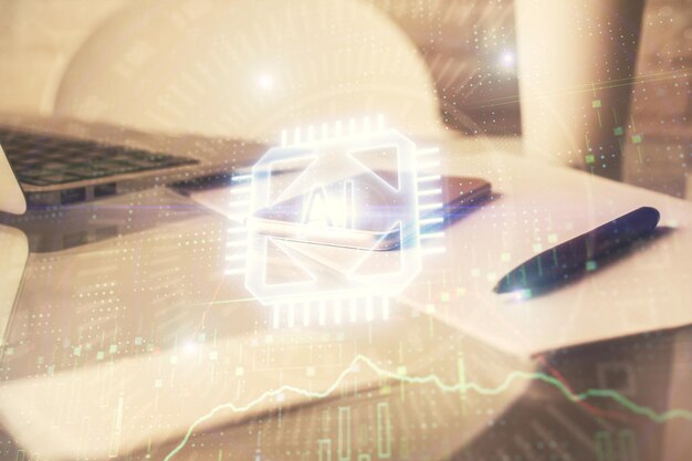 Doble exposición del dibujo del tema de datos y el fondo del teléfono móvil Concepto de innovación